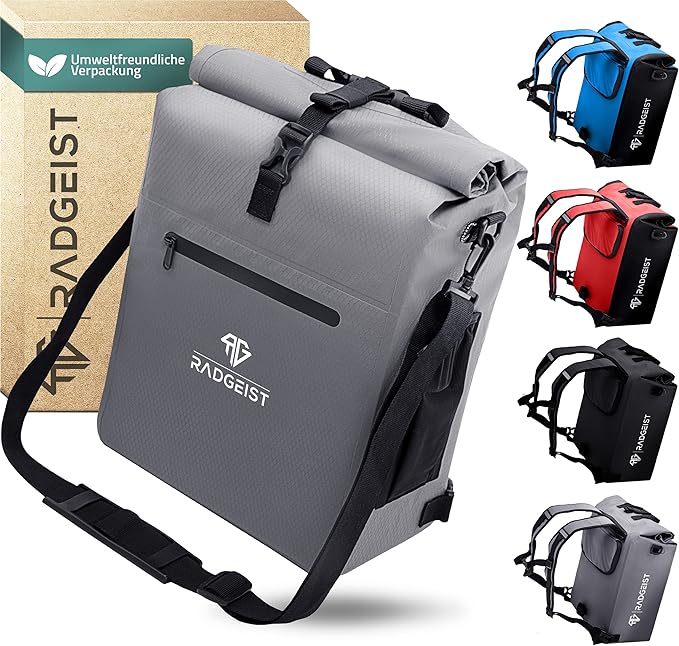 RADGEIST 3in1 sacoche vélo pour porteur - sacoche vélo étanche, extra robuste avec fermeture rapide - sac à dos vélo (25 litres) - sac à dos vélo (gris)