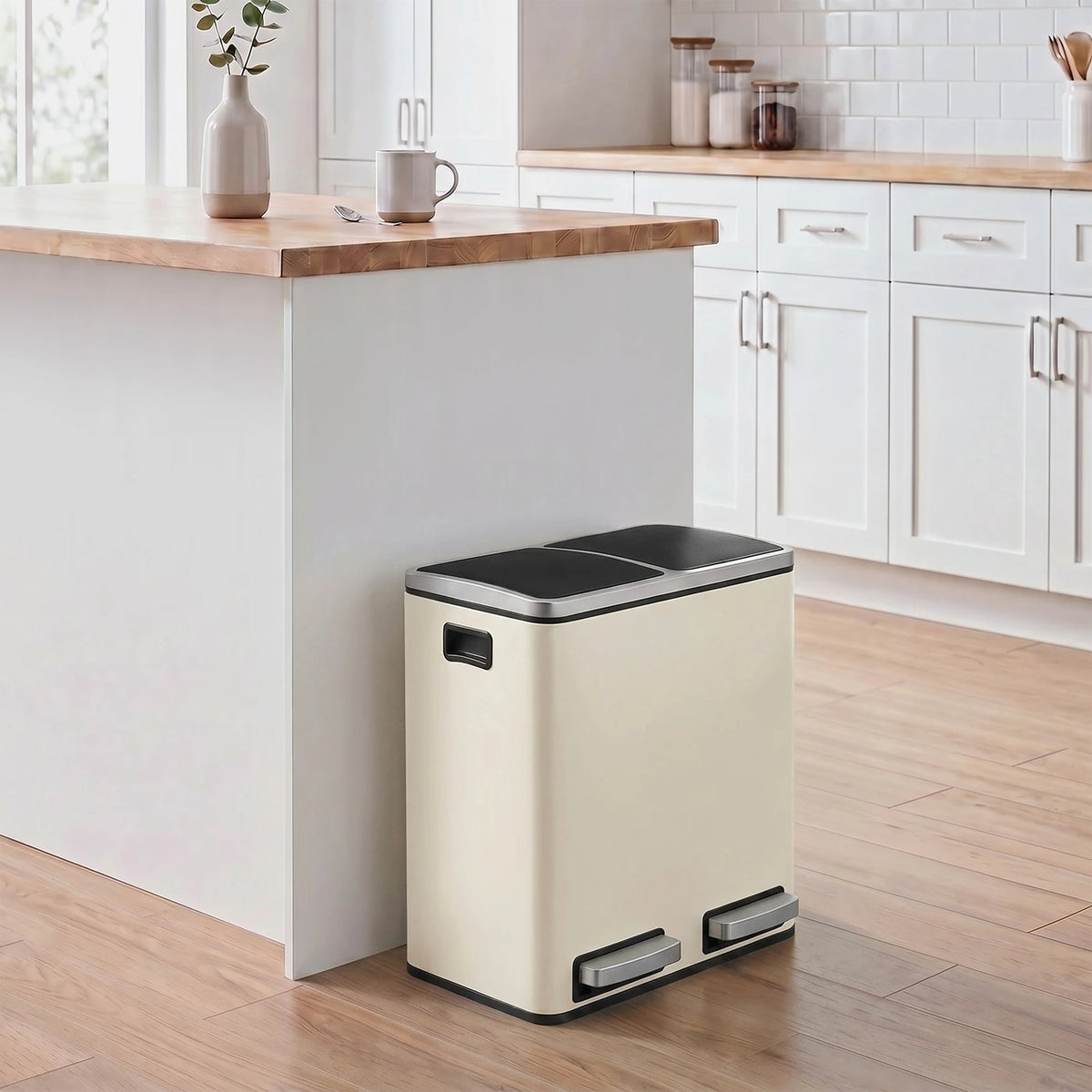 Poubelle à double pédale Joyfurnos - Beige et noir - 2 x 15 litres - Couvercle à fermeture douce - Acier - 41,8 x 35,9 x 44,5 cm