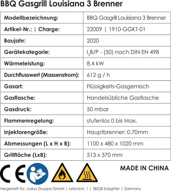 Lousiana Barbecue à gaz - 3 brûleurs - Noir
