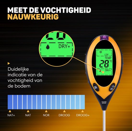 Vulpes Goods® Humidimètre pour plantes - 4 en 1 - hygromètre - intérieur et extérieur - hygromètre pour plantes d'intérieur - - pH, photomètre, thermomètre et humidimètre - Humidimètre pour sol - Version PRO - Batterie incluse