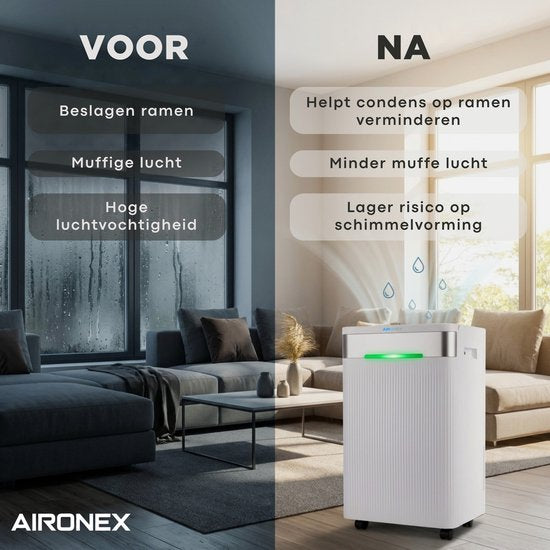 Déshumidificateur Aironex 20 L par jour – Fonction de séchage du linge – Jusqu'à 70 m² – Silencieux – Avec application et ioniseur – Pour cave, salon, chambre et salle de bains – Déshumidificateur