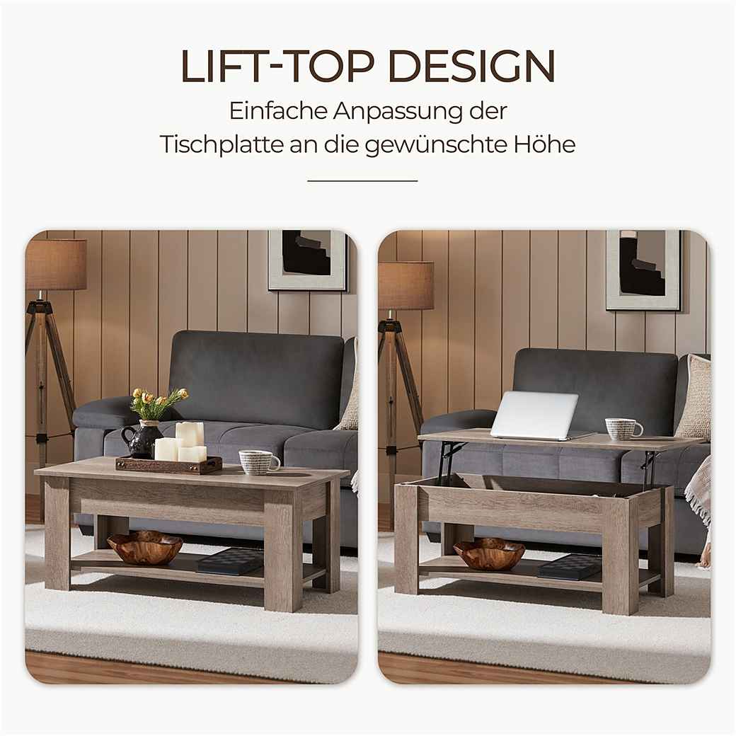 Table basse Yaheetech avec plateau relevable – Gris – 98 x 50 x 41,8/56 cm – Réglable en hauteur avec espace de rangement