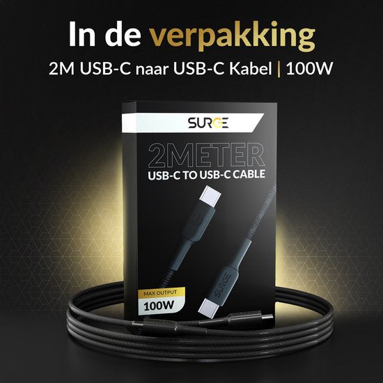 Câble USB C à USB C de Surge - 100W - Câble de charge de 2 mètres - Chargeur rapide avec 15% de Kevlar - Convient à Samsung / MacBook / iPhone 15 et 16 / iPad Pro, entre autres.