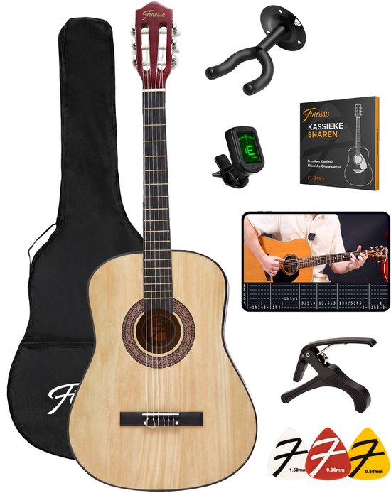Finesse Acoustic Guitar - with Video Course - Nylon Strings - Classical Guitar - Spanish Guitar - Child - Adults - Natural