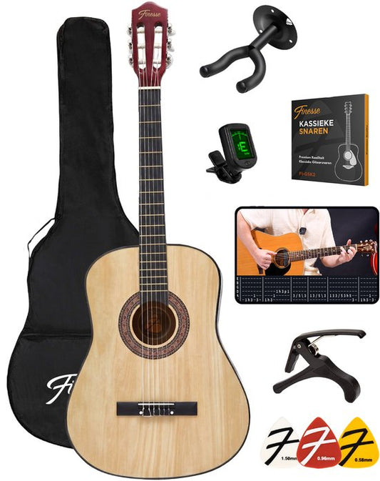 Finesse Acoustic Guitar - with Video Course - Nylon Strings - Classical Guitar - Spanish Guitar - Child - Adults - Natural