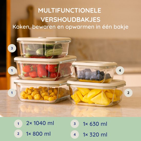 Récipients fraîcheur Safecourt - entièrement en verre (100% sans micro-plastique) - four, congélateur, micro-ondes et lave-vaisselle - set de 5 pièces