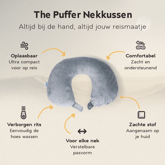 TRAVARA Oreiller cervical « The Puffer » - Oreiller de voyage gonflable - Pour l'avion - Oreiller de voiture - Travel Pillow - Gris