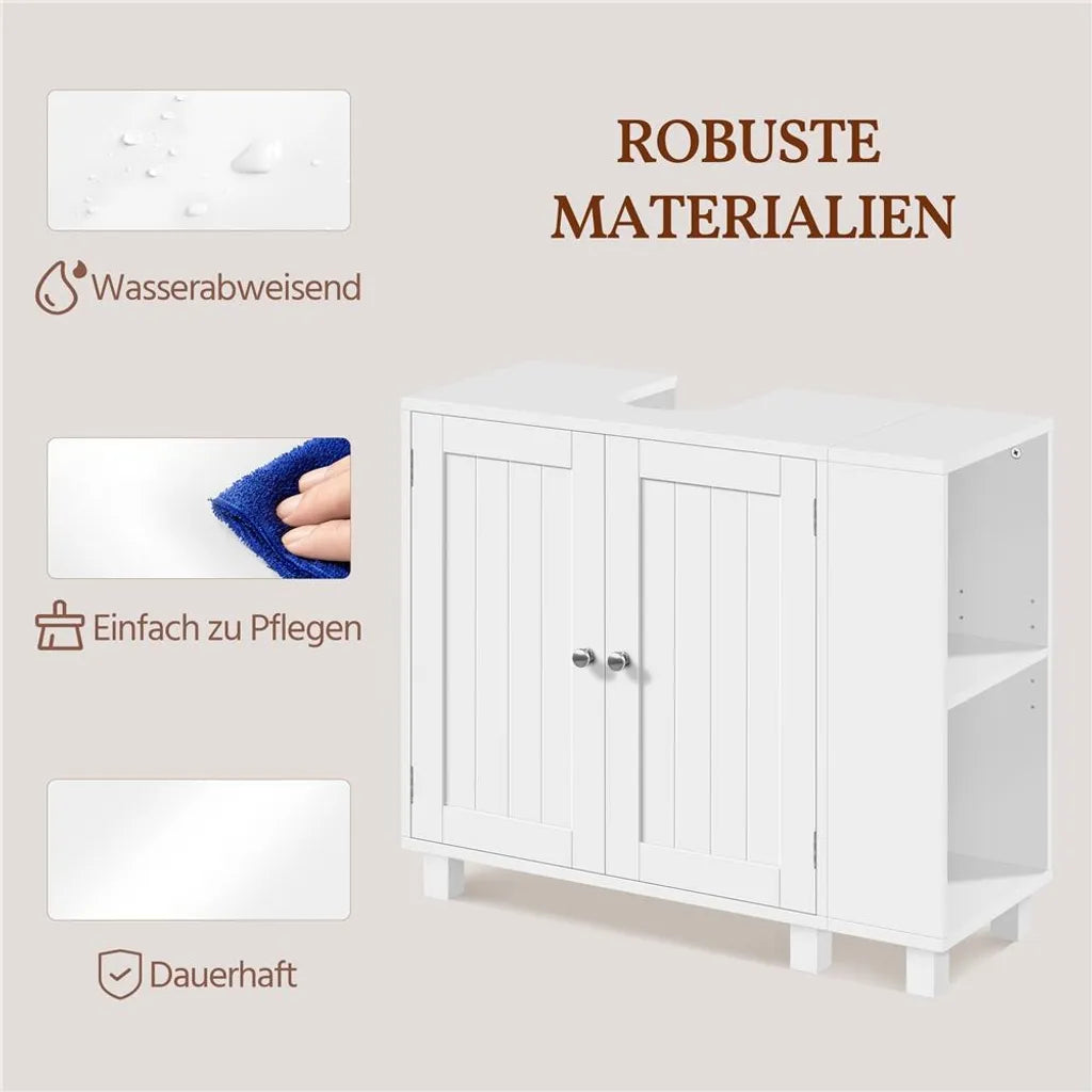 Meuble sous-lavabo Yaheetech 75 x 30 x 62 cm – Blanc – Avec 4 compartiments, des étagères ouvertes et un porte-serviettes