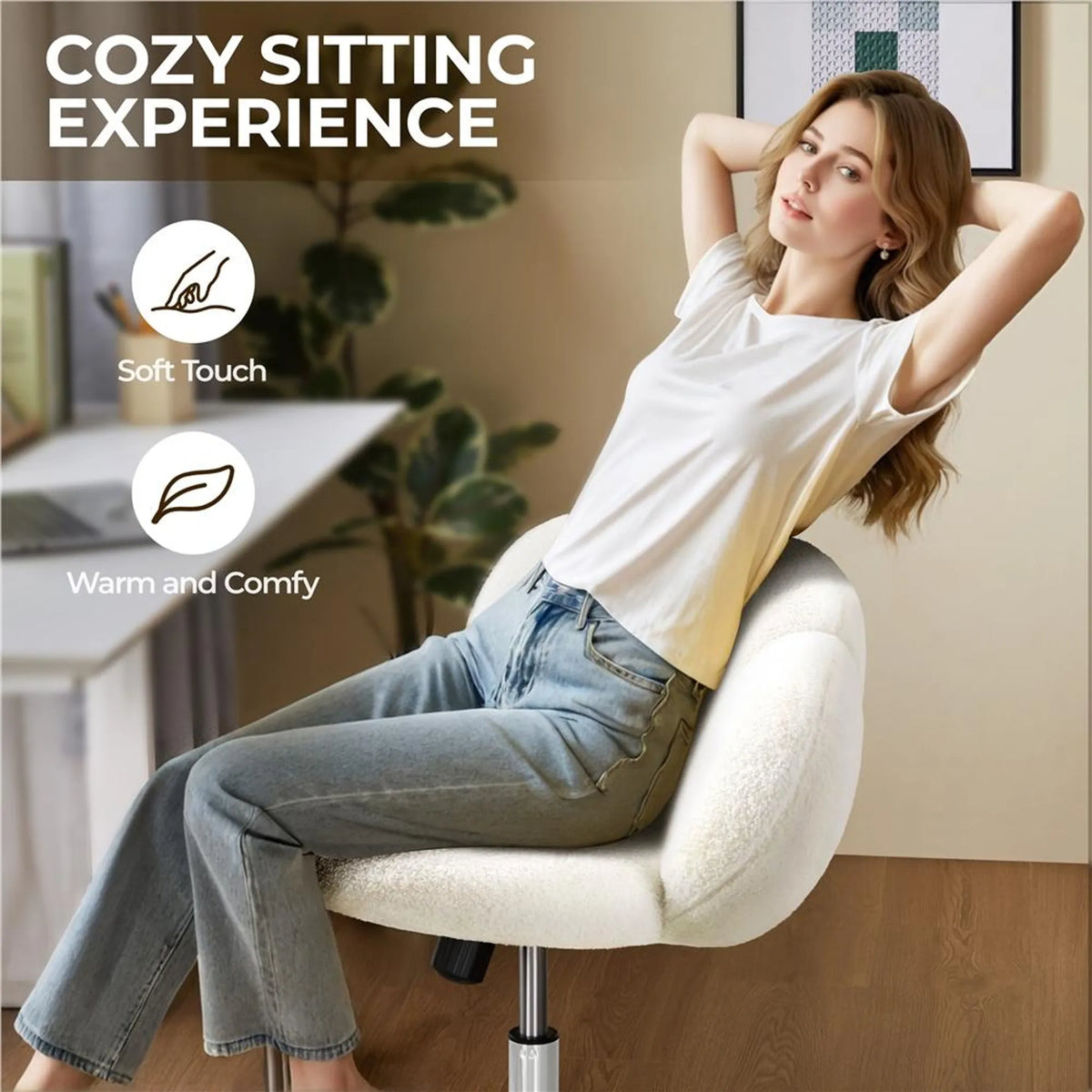 Fauteuil de bureau Yaheetech en forme de nuage – Ergonomique, bouclé, 60 × 70 × 72–82 cm – Blanc