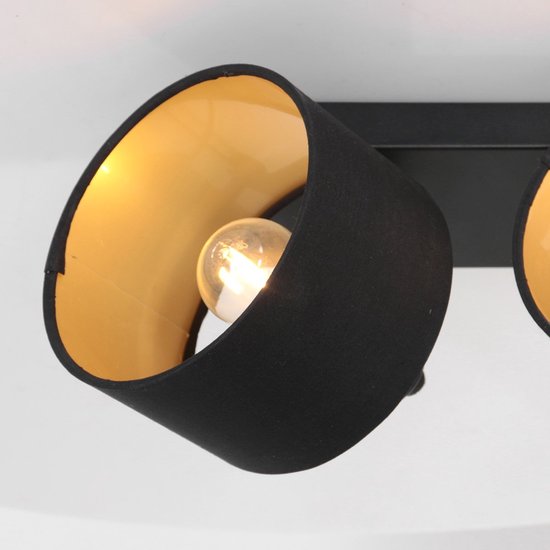 Spot à 2 lumières Ornoir 3334ZW noir avec abat-jours dorés, orientable et inclinable, métal et textile, style moderne, Mexlite, intérieur