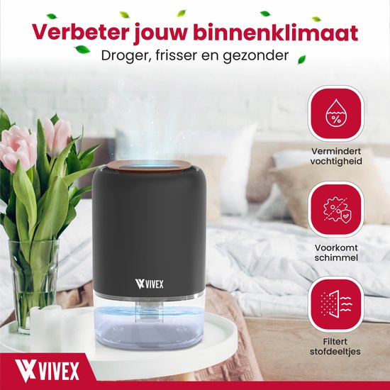 Vivex® Déshumidificateur AirDry Pro - Déshumidifie 600 ml par jour - Extrêmement silencieux - LED RGB - Purificateur d'air pour la maison, la chambre et le bureau