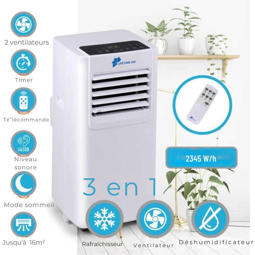 Lifetime - Climatiseur, déshumidificateur et ventilateur - tuyau de vidange - 65dB - Télécommande et minuterie - blanc