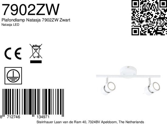 Spot Natasja 7902ZW : spot noir à 2 lampes en métal avec douilles GU10 à intensité variable, pour l'intérieur, au design moderne