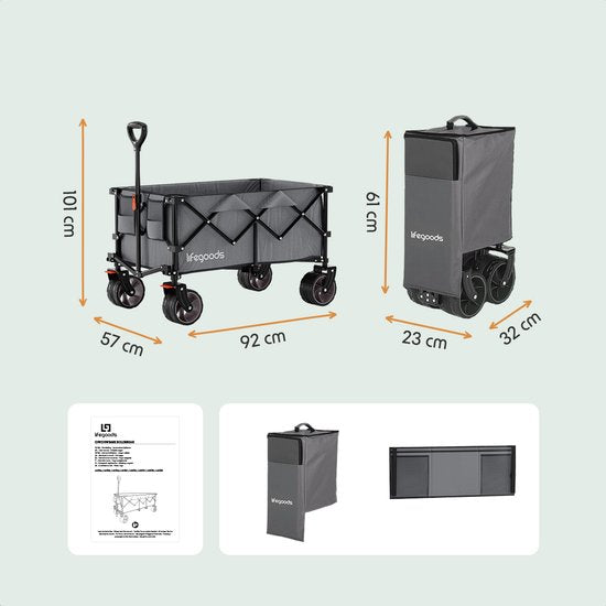 LifeGoods Wagon - XL - Pliable - 200L - Capacité de charge 100KG - Gris