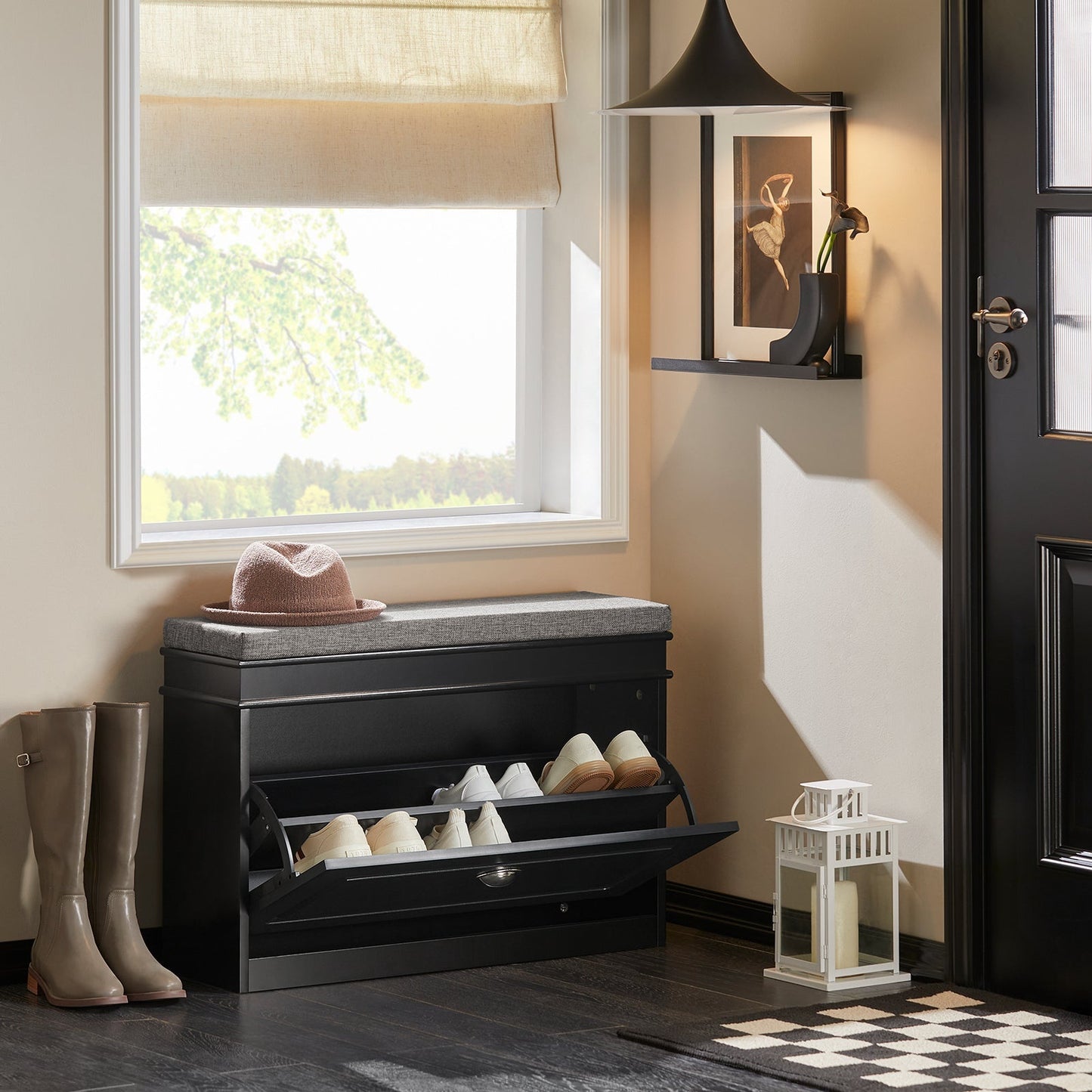 SoBuy Meuble à chaussures avec assise rembourrée - MDF - Max. 150 kg - 75 x 24 x 51 cm - Noir/ Gris