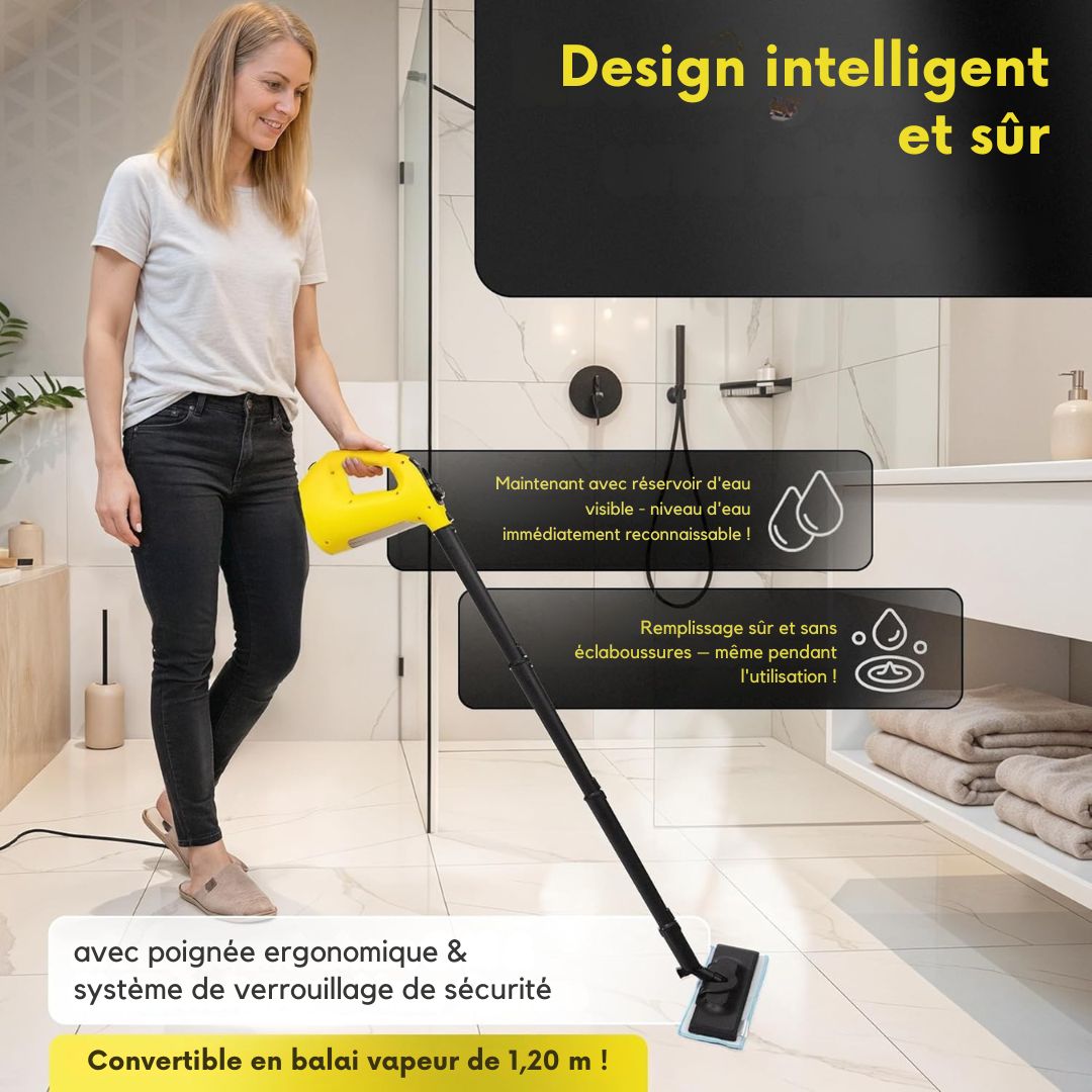 Nettoyeur vapeur portatif 1500 W - Neighbour's Friend 2-en-1 - 120 cm - 450 ml - 4 m Cordon - Jaune