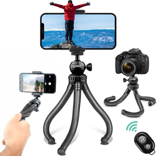 LURK® 3 en 1 trépied souple octopus pour smartphone & (action) caméra - Incl. pince pour téléphone et télécommande bluetooth - 25 cm