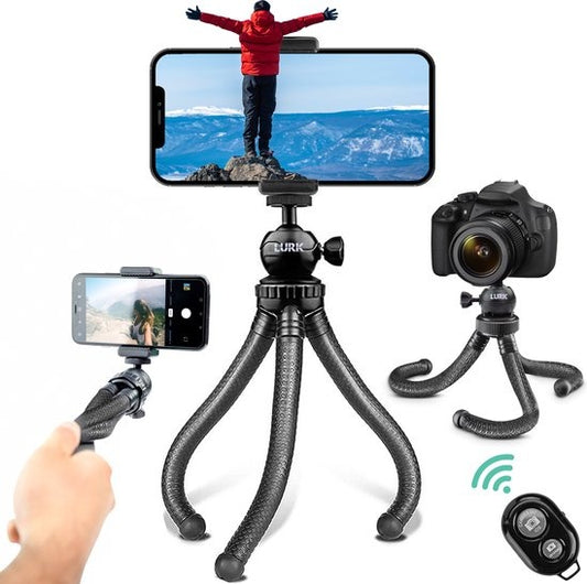 LURK® 3 en 1 trépied souple octopus pour smartphone & (action) caméra - Incl. pince pour téléphone et télécommande bluetooth - 25 cm