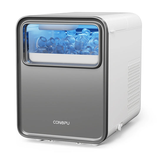 Machine à glaçons CONOPU – Autonettoyante, 9 glaçons sphériques en 6 à 8 min, 2 tailles de glaçons, 12 kg/jour, 1,5 L, silencieuse et compacte – 35 × 23 × 30 cm, bleu glacier