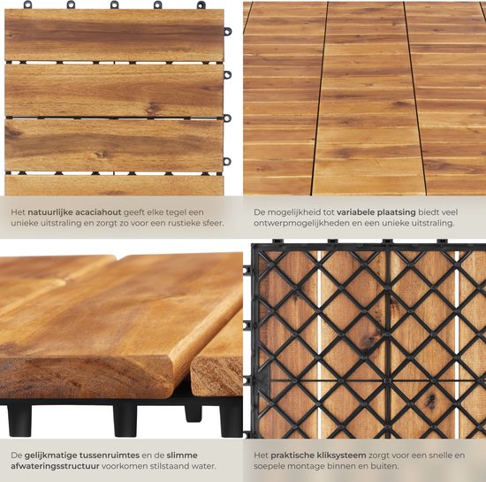 tectake® - Dalles de jardin en bois - Résistant aux intempéries - Revêtement de sol pour balcon - Dalles de sol - Sol de balcon - Dalles de terrasse avec système d'encliquetage - Drainage - lot de 40