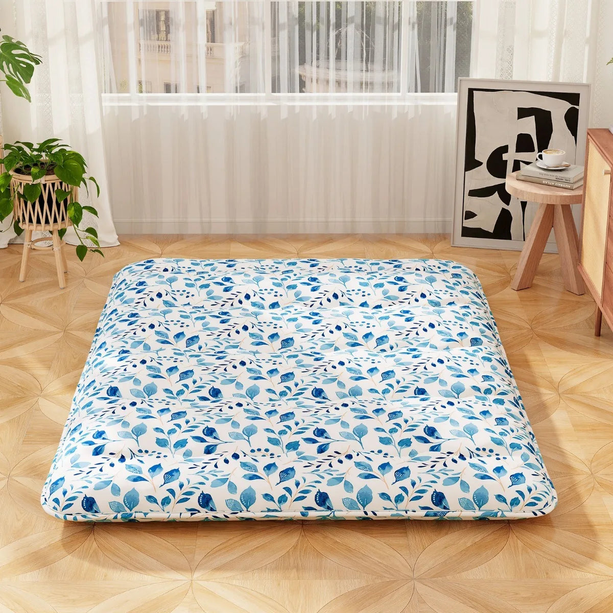 Matelas futon japonais Coast Tatami – Livré avec une housse extérieure lavable en machine, un sac de transport pratique et des sangles de roulement résistantes – Idéal pour les invités et le camping – Microfibre bleue et polyester – 10 x 100 x 200 cm
