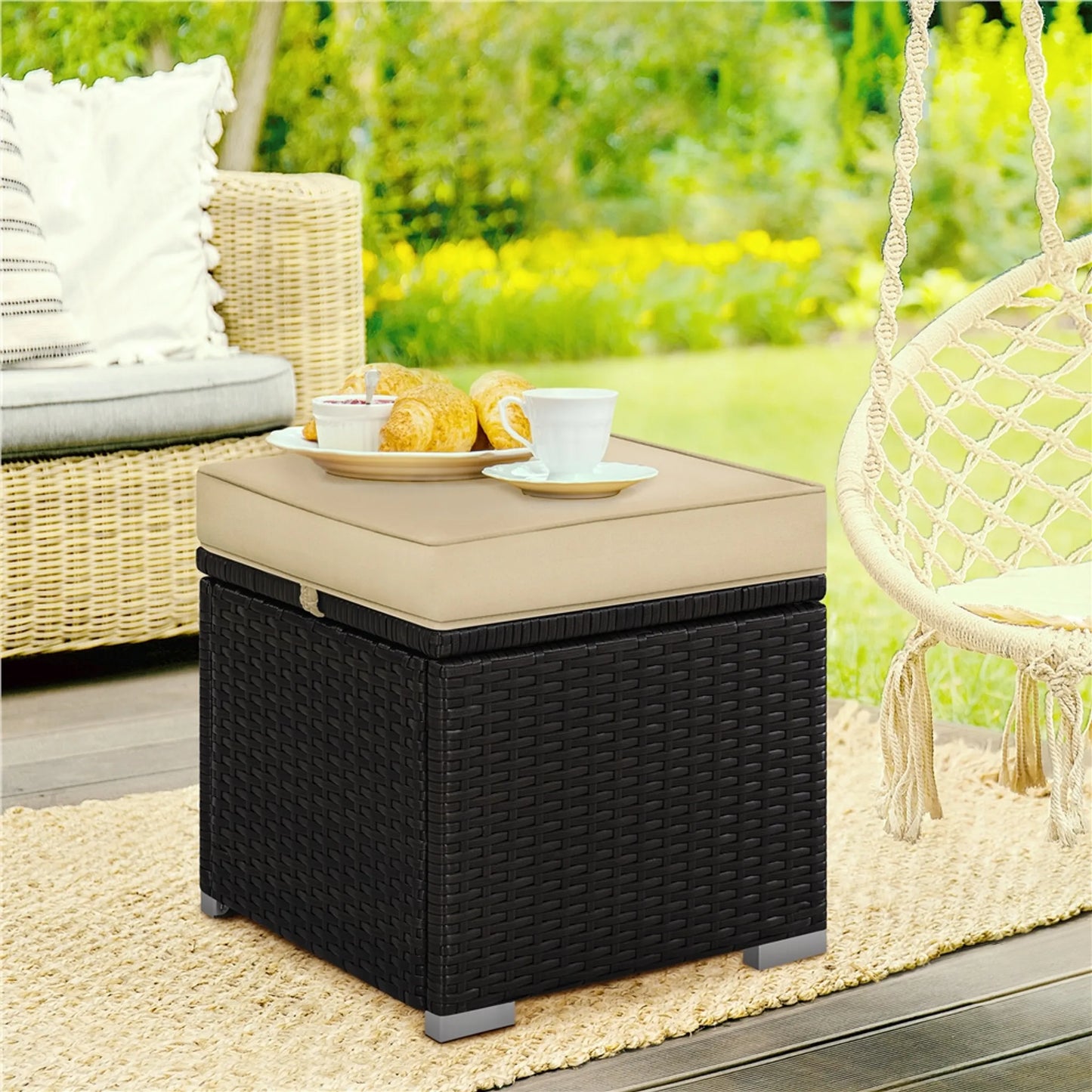 Yaheetech Tabouret Avec Rangement 2 Pièces - Avec Compartiment Caché et Cadre en Rotin Hydrofuge et Métal Revêtu de Poudre - Pour Jardin Balcon Et Salon - Polyéthylène Brun Kaki Et Métal - 40 x 40 x 42.5 cm