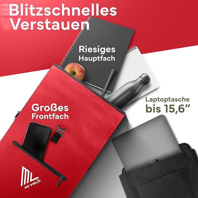 MIVELO Pannier - Sac à dos et sac à bandoulière 3-en-1 - Imperméable et compartiment pour ordinateur portable - 25 litres - Rouge