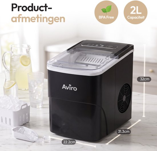 Machine à glaçons Aviro XL - 2 L - Avec cuillère à glace - Machine à glaçons - 16 kg / 24 h - Fonction d'auto-nettoyage - Noir