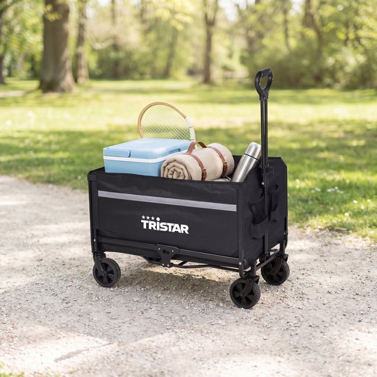 Chariot pliable Tristar – 120 L – Capacité de charge de 100 kg – Acier – Roulettes pivotantes – Chariot pliable avec hayon – Housse imperméable incluse – Compact – Festival – HC‑0917