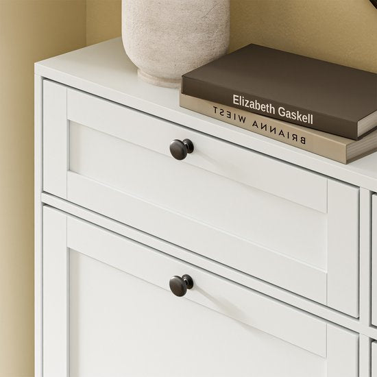 Armoire à chaussures SoBuy pour entrée, armoire à chaussures avec 2 tiroirs et 4 portes rabattables, rangement pratique pour 12 paires de chaussures, blanche, MDF E1, idéale pour les petits espaces - FSR208-W