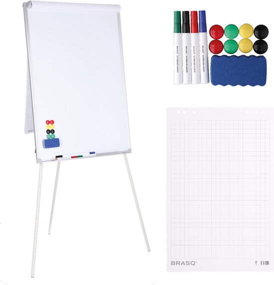 BRASQ Flipchart - 70x100cm - Tableau blanc ajustable - Comprend 25 feuilles de papier, 4 marqueurs, 8 aimants, une gomme - Tableau magnétique avec crochets - Tableau magnétique - Aluminium