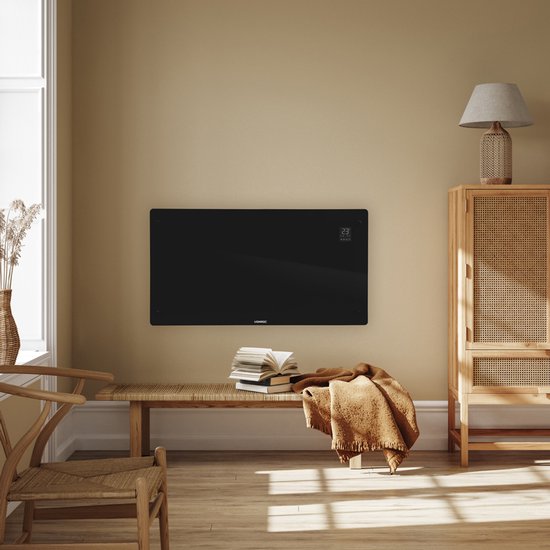 Chauffage électrique de luxe VONROC  - Convecteur avec panneau en verre - 1250W/2500W- Chauffe les pièces jusqu'à 30m2 - Contrôlé par l'application (via Wifi) et manuellement - Thermostat et minuterie réglables - Noir