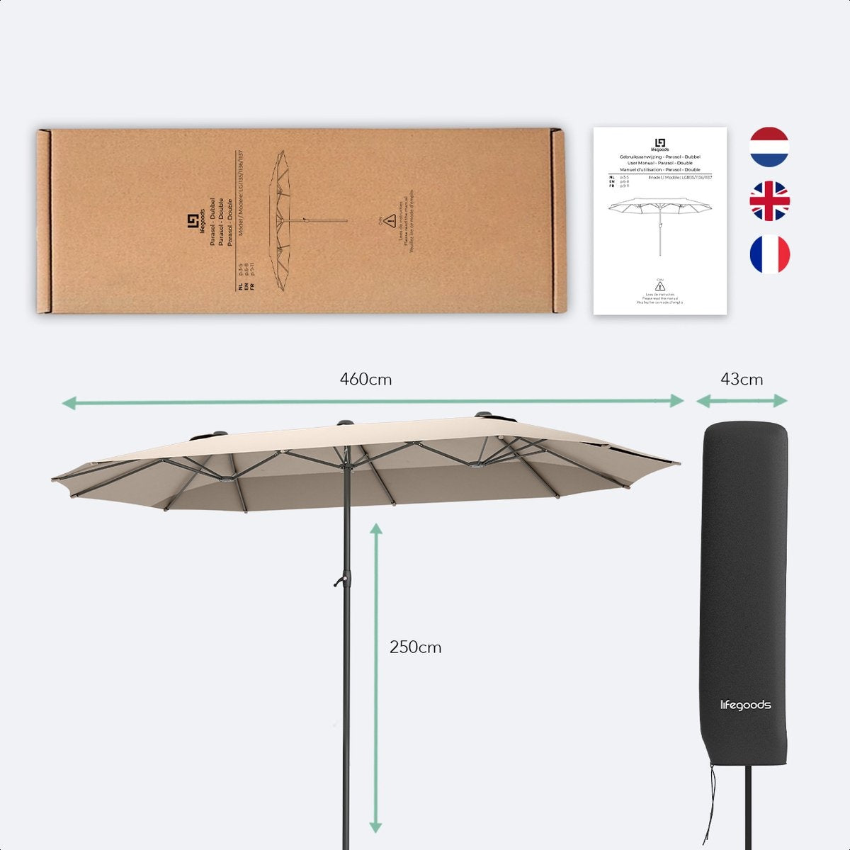 LifeGoods Parasol double - 270x460cm - jusqu'à 15 personnes - imperméable - avec housse - Taupe