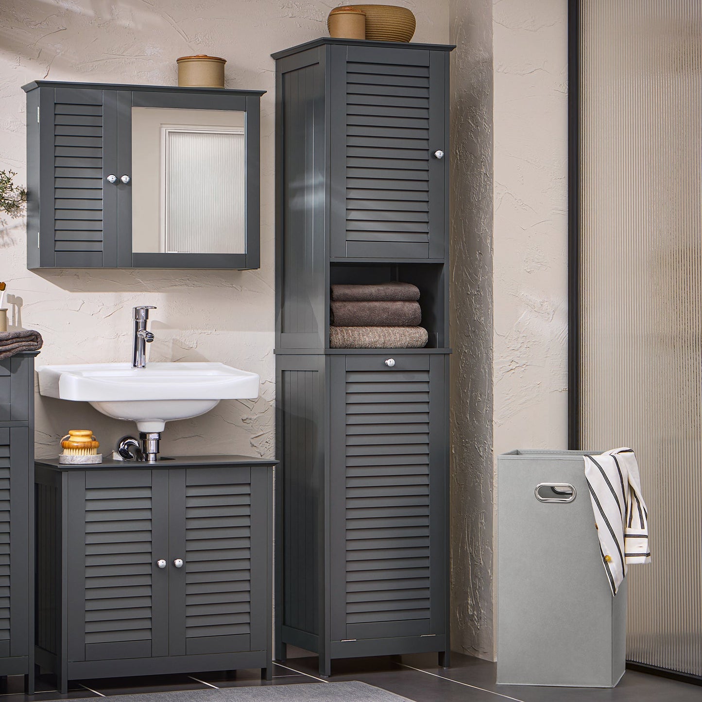 SoBuy Meuble colonne - BZR124-DG - Salle de bain - Panier à linge amovible - Anthracite
