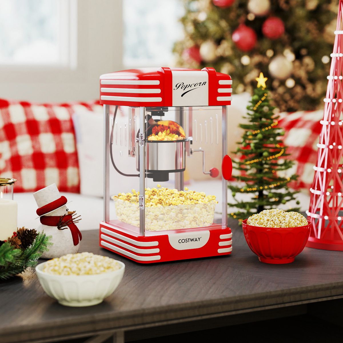 Machine à pop-corn Coast - style cinéma rétro - lampe chauffante - commande manuelle - rouge/blanc
