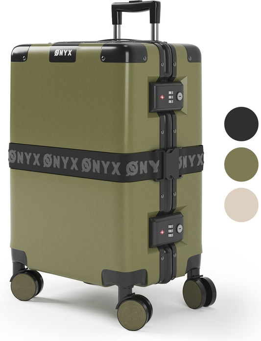 ONYX® Valise bagage à main 33L - Serrure TSA - Roues spinner - Trolley léger - Fermeture aluminium - Vert olive