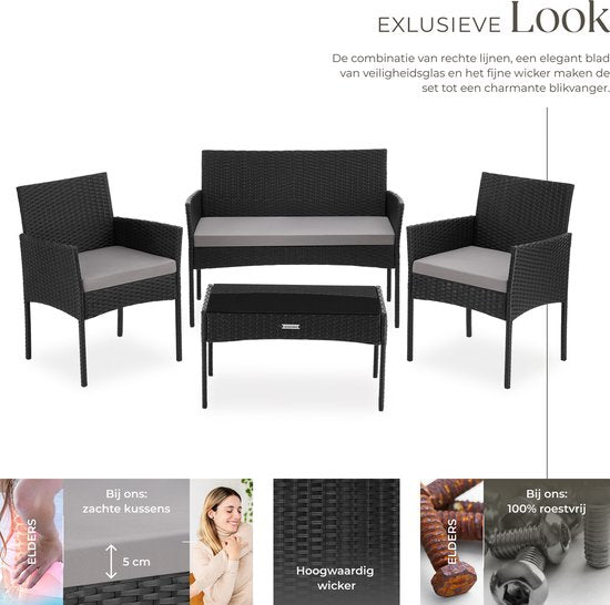 tectake® - Ensemble de jardin en osier Palese - Groupe de sièges pour 4 personnes - Ensemble de meubles de jardin avec banc de salon, table de jardin et 2 chaises de jardin, y compris les coussins d'assise - Meubles de jardin - Résistant à l'eau - Noir