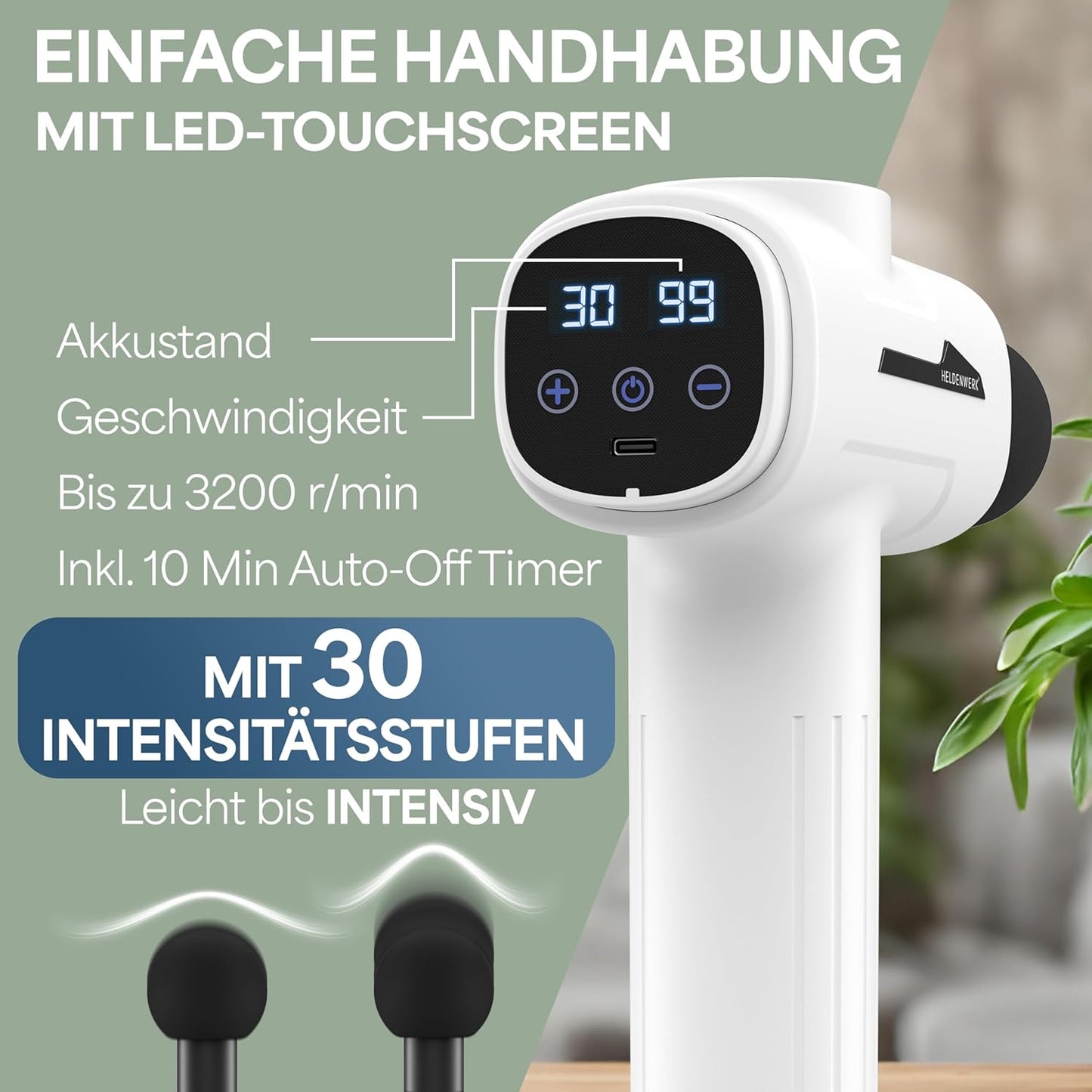 HELDENWERK Pistolet de massage actif - 30 vitesses - 6 têtes de massage - silencieux - rechargeable par USB-C - écran tactile LCD - étui de rangement inclus - blanc