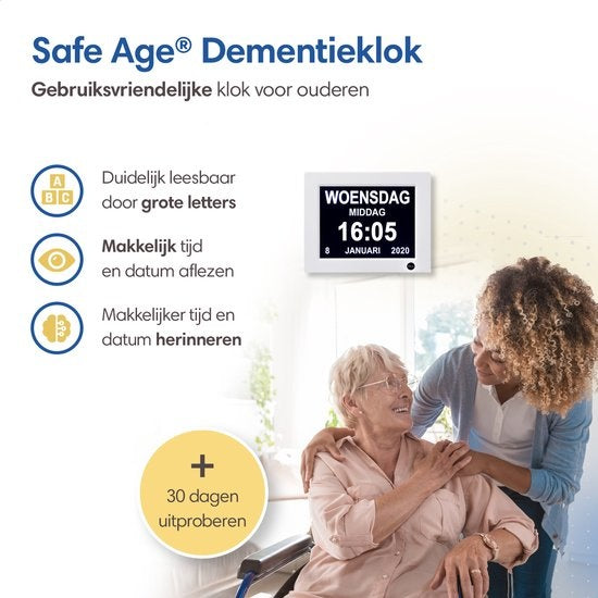 Safe Age® Dementia Clock XL - Horloge calendrier numérique avec date et jour - Réveil médical, fonction alarme et fonction cadre photo - Horloge Alzheimer / Horloge Seniors