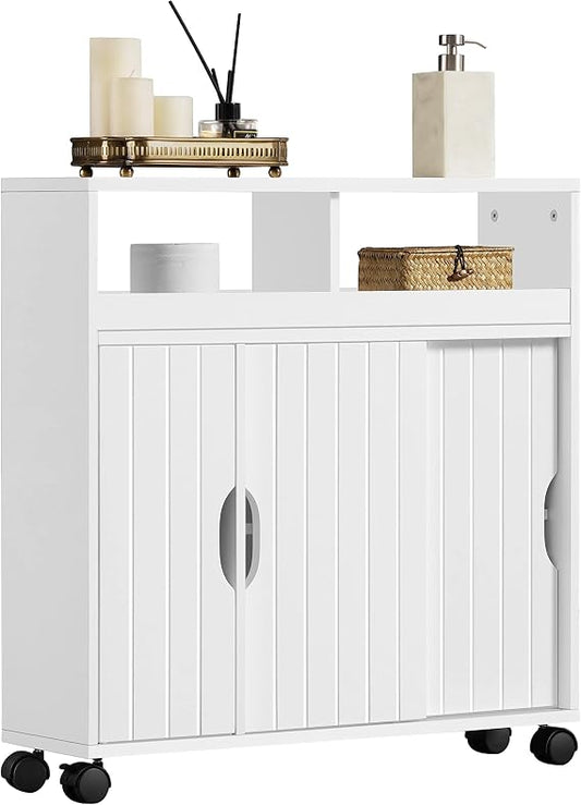 Armoire de salle de bains Yaheetech 69,5 x 20 x 71,5 cm - Portes coulissantes - Roulettes - Blanc