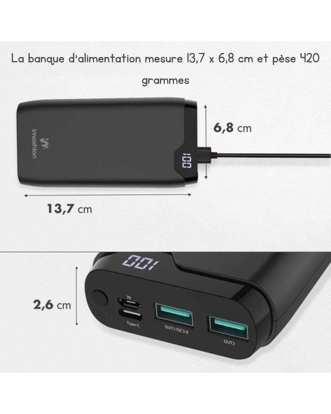 Batterie externe - imoshion - 20000 mAh - Chargeur rapide 22,5W - USB-C & USB-A - Powerbank Powerbank adapté à iOS/Android - Noir