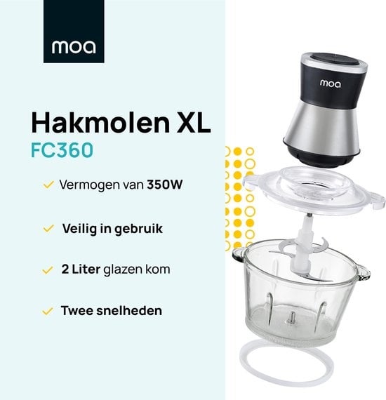 MOA Chopper XL - Hachoir alimentaire - bol en verre de 2 litres - 4 lames - FC360