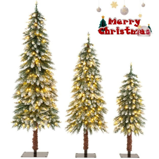 Lot de 3 arbres de Noël artificiels Arbre de Noël enneigé avec 129/231/369 branches en PVC et 50/100/150 lumières LED blanc chaud 90 /120 /150 cm
