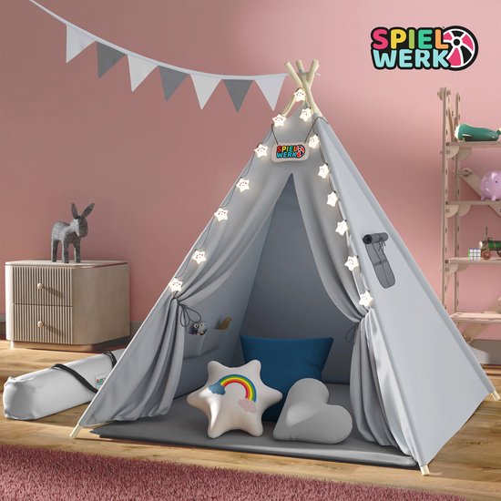 Spielwerk Tente de jeu - LED 3 coussins tendeurs 130x130x160cm - Gris