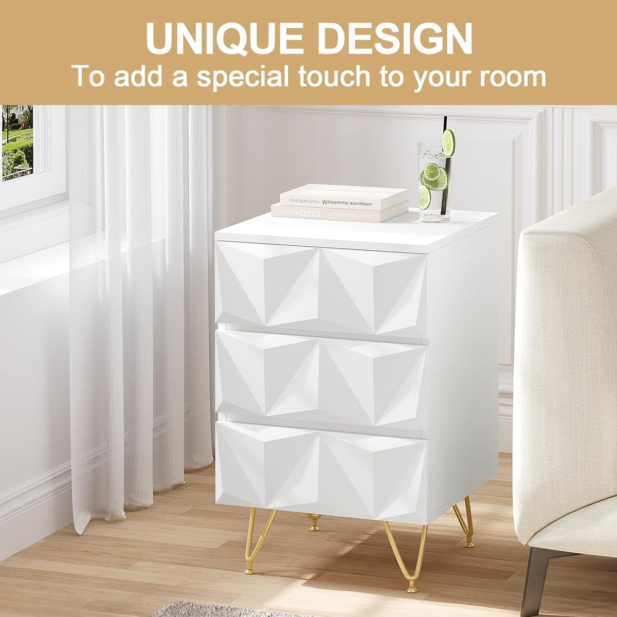 Eugad Table de chevet avec 3 tiroirs - 40x40x62,5 cm - Blanc avec or - Design 3D moderne