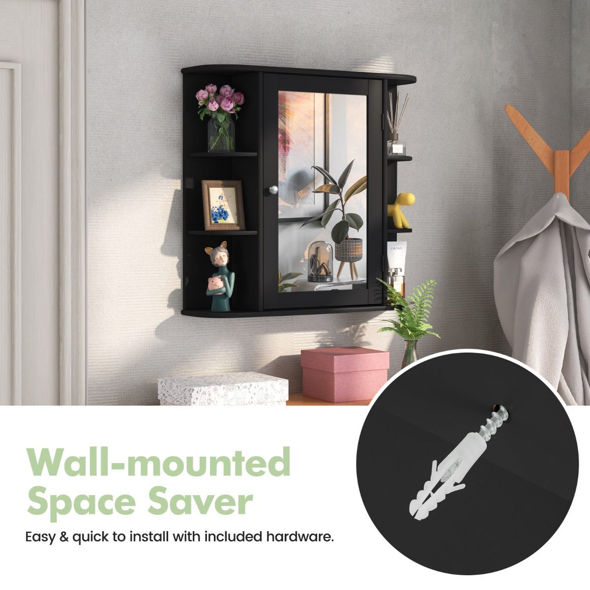 coast Mirror Cabinet Salle de Bain - 66×17×62 cm - Noir - Armoire murale avec porte miroir et étagères ouvertes