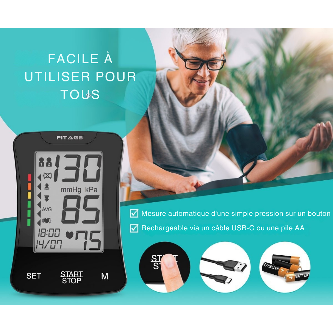 FITAGE - Tensiomètre médical -  Moniteur de Pression Artérielle - Fréquence Cardiaque - Brassard 22 à 42cm - Noir