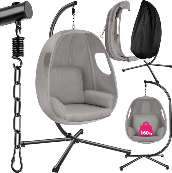 tectake® Chaise suspendue avec cadre - Chaise à bascule avec coussin + coussin de dossier - Meuble de salon ou de chambre - Meuble de balcon - Intérieur ou extérieur - Jusqu'à 160kg - Gris clair