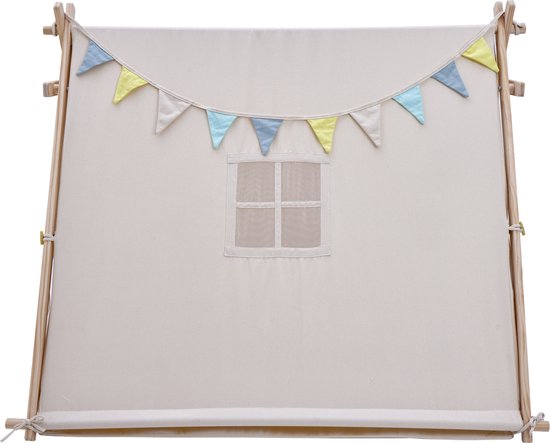 Sunny Sienna Tente de jeu avec drapeaux et tapis de sol crème - Tente Tipi Wigwam pour enfants avec pendule et sac de rangement - Arceaux en bois FSC - 120x100x105cm
