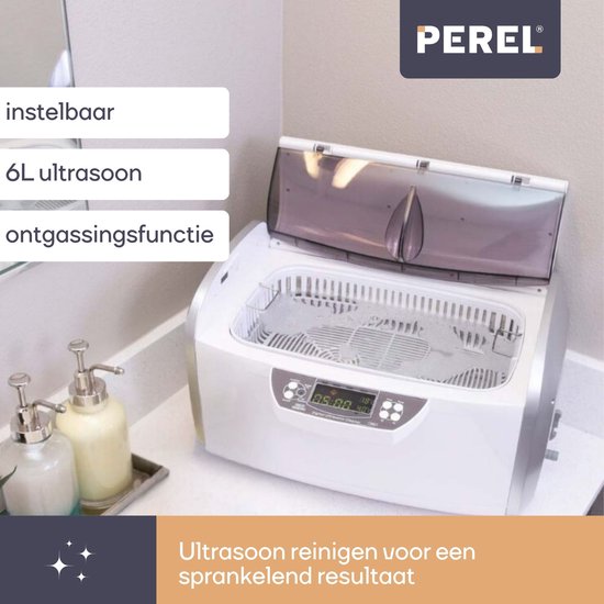 Perel Nettoyeur à ultrasons 6 L - Fonction dégazage - Vanne de vidange - Minuterie et température réglables - Panier amovible et porte-montre - Usage professionnel - 310 W, 35 kHz - Blanc